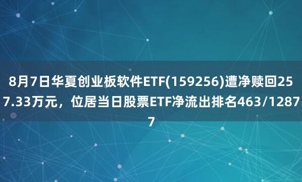 8月7日华夏创业板软件ETF(159256)遭净赎回257.33万元，位居当日股票ETF净流出排名463/1287