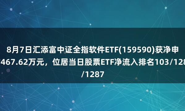 8月7日汇添富中证全指软件ETF(159590)获净申购467.62万元，位居当日股票ETF净流入排名103/1287
