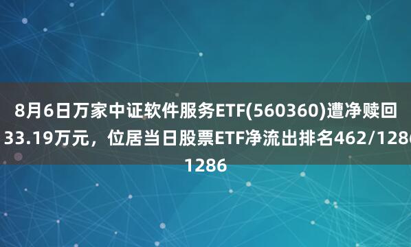 8月6日万家中证软件服务ETF(560360)遭净赎回133.19万元，位居当日股票ETF净流出排名462/1286