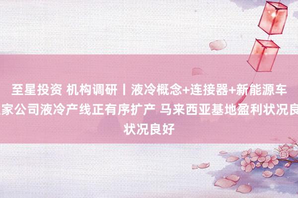 至星投资 机构调研丨液冷概念+连接器+新能源车 这家公司液冷产线正有序扩产 马来西亚基地盈利状况良好